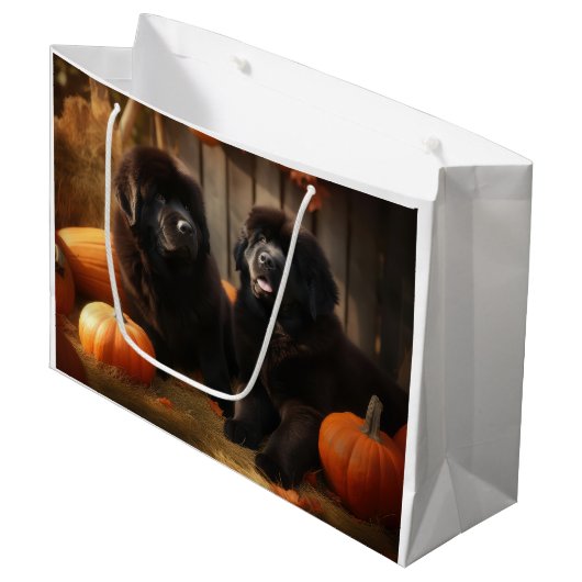 Newfoundland Puppy Herfst Delight Pompoen Groot Cadeauzakje (Voorkant Gekanteld)