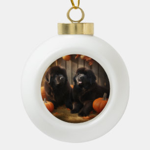 Newfoundland Puppy Herfst Delight Pompoen Keramische Bal Ornament