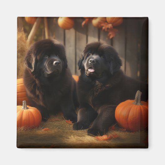 Newfoundland Puppy Herfst Delight Pompoen Magneet (Voorkant)