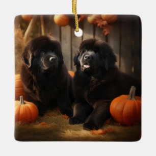 Newfoundland Puppy Herfstpracht Pompoen Keramisch Ornament