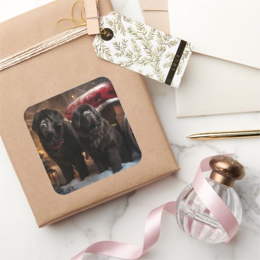 Newfoundland Snowy Sleigh Kerst Decor Vierkante Sticker (Geschenken)