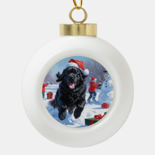 Newfoundlander Rent in de Sneeuw met Kerstmuts Keramische Bal Ornament
