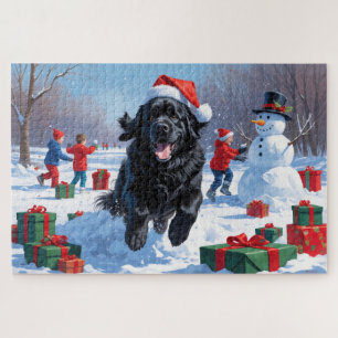 Newfoundlander Rent in de Sneeuw met Kerstmuts Legpuzzel