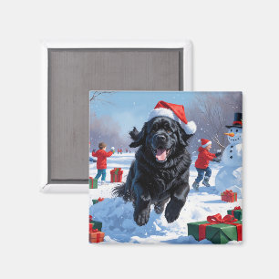 Newfoundlander Rent in de Sneeuw met Kerstmuts Magneet