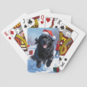 Newfoundlander Rent in de Sneeuw met Kerstmuts Pokerkaarten