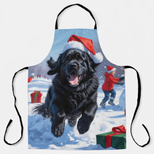Newfoundlander Rent in de Sneeuw met Kerstmuts Schort