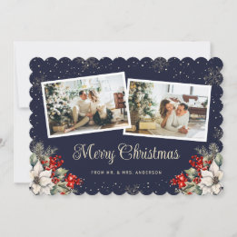 Newlywed 2 Photo Botanical Blue Merry Christmas Feestdagenkaart