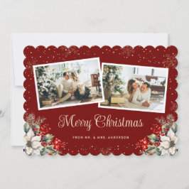 Newlywed 2 Photo Botanical Red Merry Christmas Feestdagenkaart