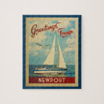 Newport Jigsaw Puzzle Voilier Vintage Oregon<br><div class="desc">Ce voeu de Newport Oregon voyage design nautique vintage comprend un bateau naviguant sur l'eau avec des mouettes et un ciel bleu rempli de somptueux nuages blancs bouffants.</div>