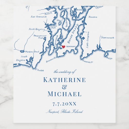 Newport Rhode Island Map Elegant Navy Wedding Wijn Etiket (Enkel label)