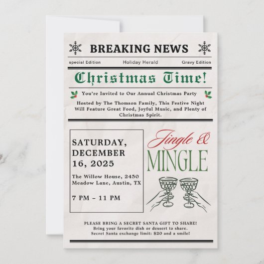 Newspaper Jingle and Mingle Cocktail Christmas Kaart (Voorkant)
