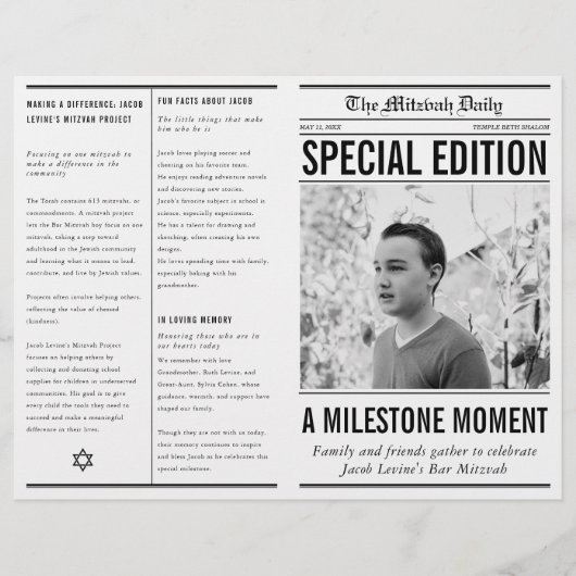 Newspaper Style Mitzvah Program Small Folded Paper Flyer (Voorkant)