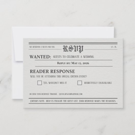 Newspaper-Style Wedding RSVP Response card (Devant)