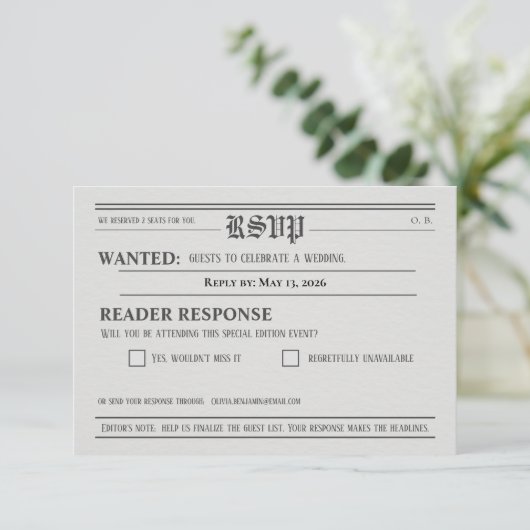 Newspaper-Style Wedding RSVP Response card (Debout devant)