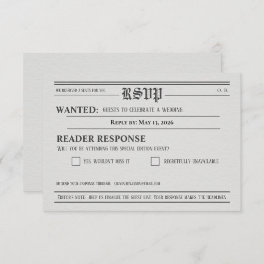 Newspaper-Style Wedding RSVP Response card (Voorkant / Achterkant)