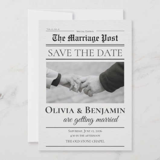 Newspaper-Style Wedding Save the Date (Devant)