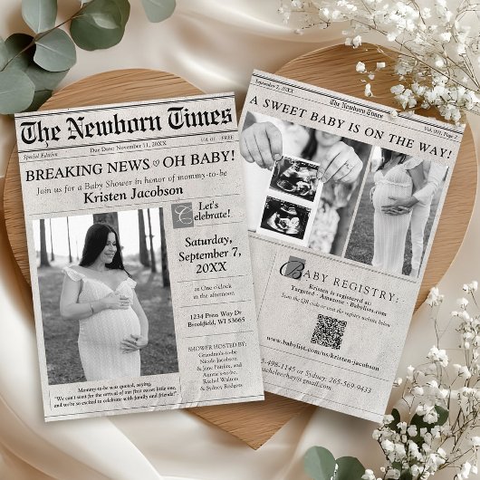 Newspaper Theme Photo Baby Shower Invitation