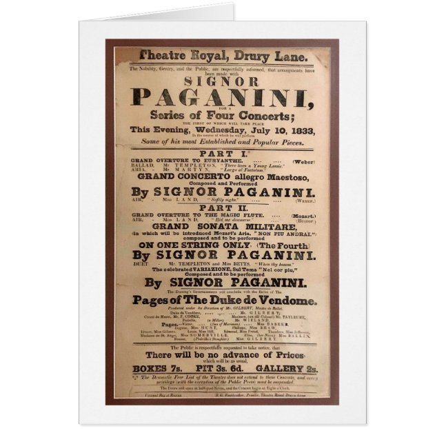 Niccolò Paganini concert poster Drury Lane London (Voorkant)