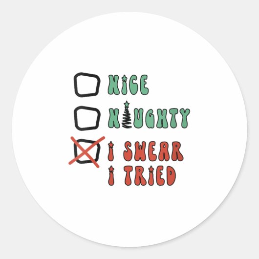 Nice Naughty I Swear I Tried Funny Christmas Check Ronde Sticker (Voorkant)
