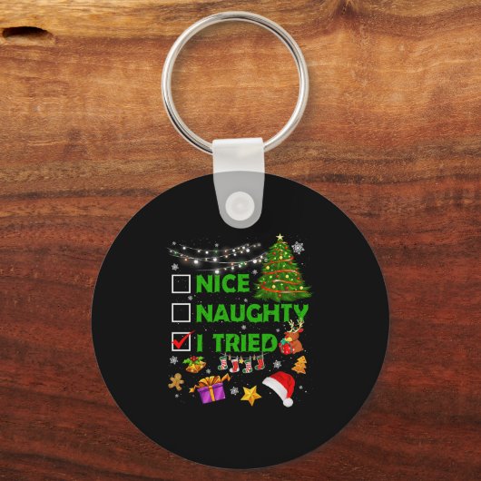 Nice Naughty I Tried Christmas Tree Light Funny Xm Sleutelhanger (Voorkant)