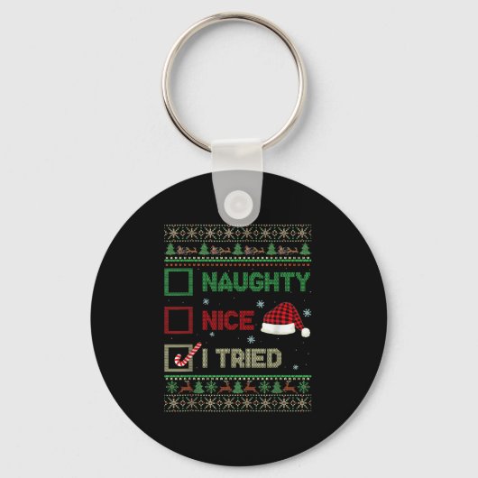 Nice Naughty I Tried Ugly Sweater Red Plaid Christ Sleutelhanger (Voorkant)