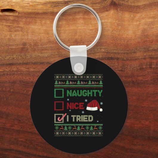 Nice Naughty I Tried Ugly Sweater Red Plaid Christ Sleutelhanger (Voorkant)