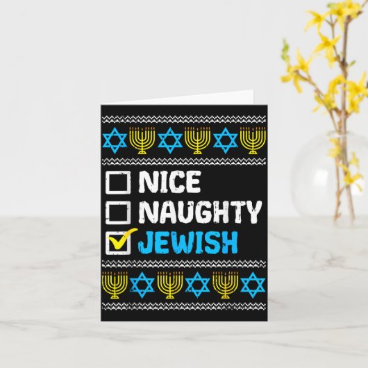 Nice Naughty Jewish Ugly Hanukkah Sweater Chanukah Kaart (Gele Bloem)