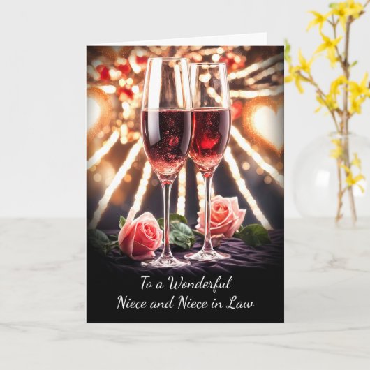 Nichtje en Vrouw Jubileum met Roze Champagne Kaart (Gele Bloem)