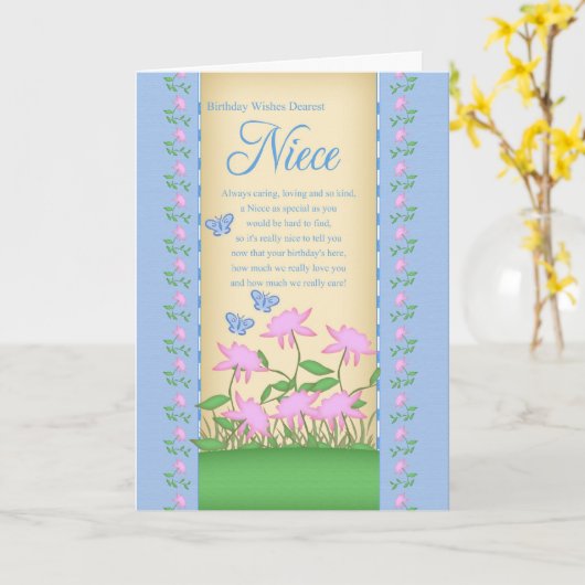 Nichtje verjaardagskaart bloemen en vlinders kaart (Gele Bloem)