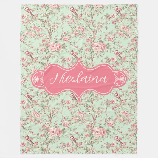 Nicolaina Pink en Mint Roos Fleece Deken (Voorkant)