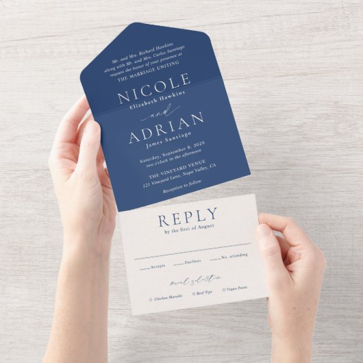 Nicole Royal Blauw Elegant Huwelijk All In One Uitnodiging (Afscheurbaar)