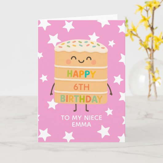 Niece 6e Verjaardag Schattigee Taart Roze Custom Kaart (Gele Bloem)