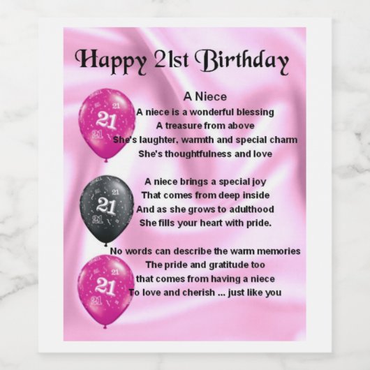 Niece Gedicht Wijnflesje Label 21e Verjaardag Wijn Etiket (Enkel label)