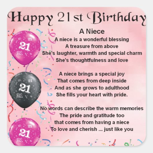 Niece Poem - 21st Birthday Vierkante Sticker (Voorkant)