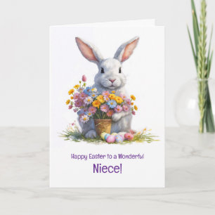 Niece Prettig Pasen met Cute Bnny en Bloemen Kaart