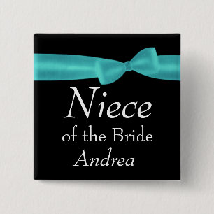 NIECE van BRIDE Aqua Bow Wedding Custom Name Y129 Vierkante Button 5,1 Cm