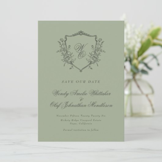 Niet-foto Olive Sage  Bloemkam Monogram Save The Date (Staand voorkant)