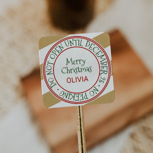 Niet openen tot 25 december met kerstcadeau vierkante sticker