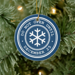 Niet openen tot blauw kerstkeramisch Ornament