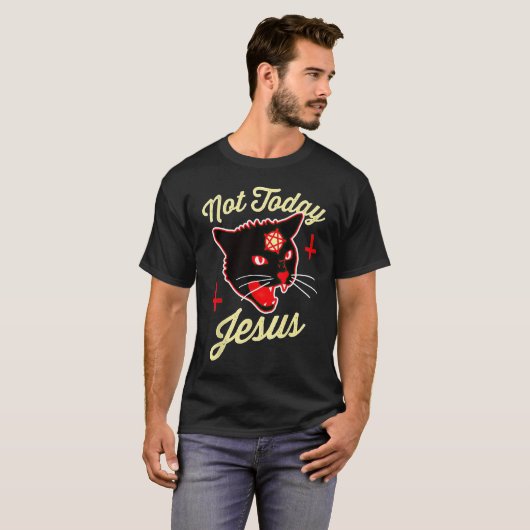 Niet vandaag Jezus Hail Satan Cat Death Cross T-shirt (Voorkant volledig)