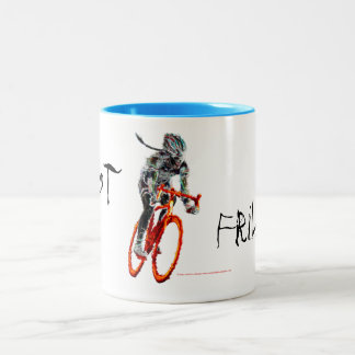 Niet vriendelijk.  Vrouw, fietslijst en vlammen Tweekleurige Koffiemok