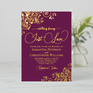 Niets Fancy Alleen Liefde Trouwmagenta Plum Gold Folie Uitnodiging