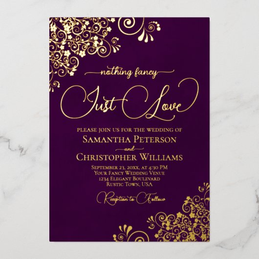 Niets Fancy Alleen Liefde Trouwpruim Paarse & Goud Folie Uitnodiging (Voorkant)