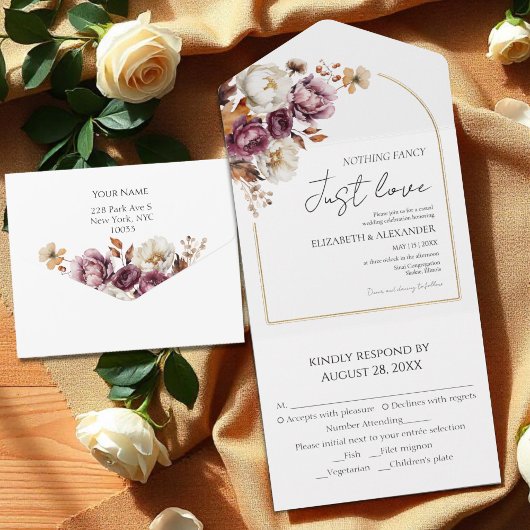 Niets Fancy | Bourgogne Bloemboog Fall Wedding All In One Uitnodiging