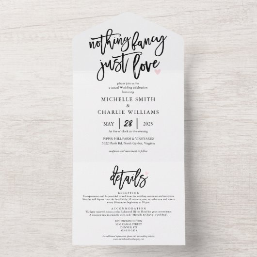 Niets fancy gewoon liefde casual huwelijksceremoni all in one uitnodiging (Binnen)