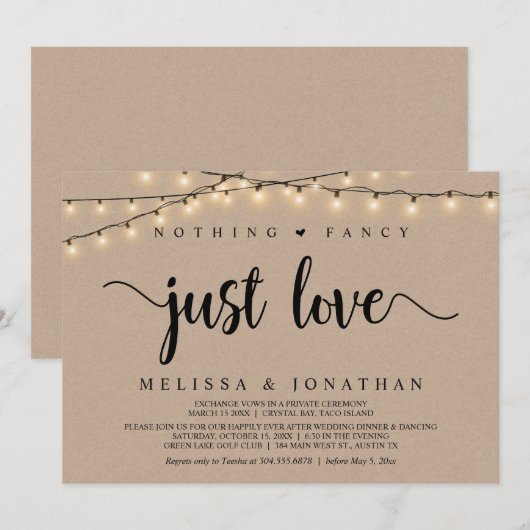 Niets Fancy, gewoon Liefde, String Lights Elopemen Kaart (Voorkant / Achterkant)