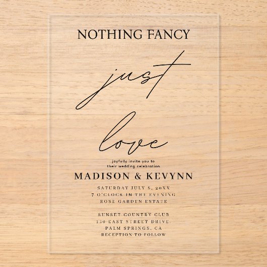 Niets Fancy Liefde Weddenschap Acryl Uitnodigingen (Voorkant)