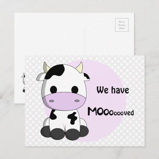 Nieuw adres - bewegende schattige koe briefkaart (Voorkant / Achterkant)