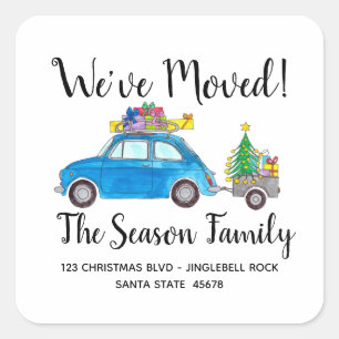 Nieuw adres Blauwe Fiat 500 Kerstmis Vierkante Sticker