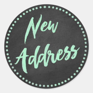 Nieuw Adres Chalkboard Style Mint Green Ronde Sticker